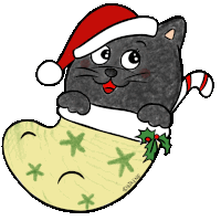 a black cat wearing a santa hat and holding a candy cane is in a christmas stocking