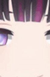 a close up of a girl 's face with purple eyes and a purple fringe .
