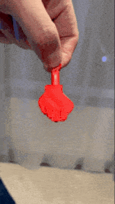 a person is holding a small red object in their hand .