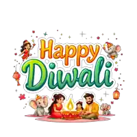 a poster that says happy diwali with a family sitting around a candle