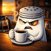 a salt shaker is holding a cup of coffee with smoke coming out of it