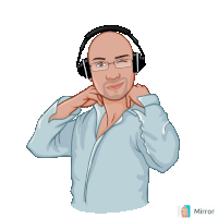 a cartoon of a man wearing headphones and a mirror behind him