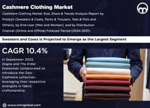 a man is holding a stack of sweaters and coats with the words cashmere clothing market on the bottom