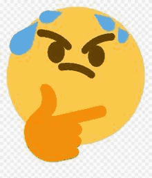 a sweating emoji with a hand on its chin and a finger pointing at it .