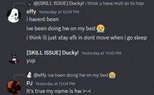 a screenshot of a discord conversation between skill issue ducky and pj yesterday at 11:04 pm