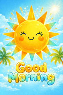 a poster that says good morning with a smiling sun and palm trees in the background