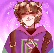 a drawing of a boy wearing a purple hoodie with a green g on it