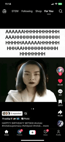 a screenshot of a tiktok app with a woman 's face and a caption that says " happy birthday mitski "