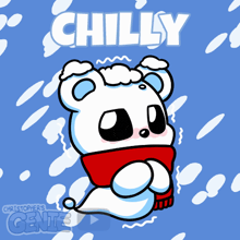 a cartoon of a polar bear wearing a red scarf with the word chilly written above it