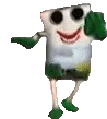 a cartoon character is dancing and smiling while wearing green shorts .