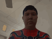 a man in a spider-man costume looks at the camera