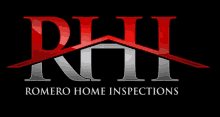 a logo for romero home inspections with a red and silver roof