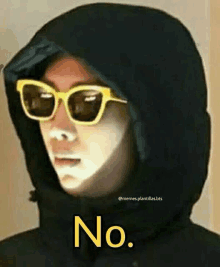 a person wearing a hooded jacket and sunglasses with the word no on their face .