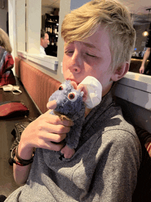 a young boy holds a stuffed animal in his hand