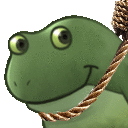 a cartoon frog is hanging from a rope on a white background .