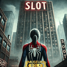 a woman in a spiderman costume stands in front of a building with a sign that says slot