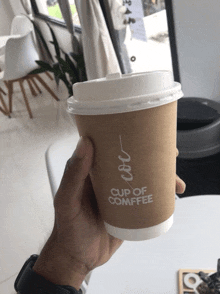 a person is holding a cup of comffee