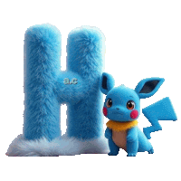 a blue furry letter h next to a blue stuffed pikachu