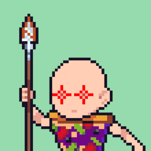 a pixel art of a bald man holding a spear with red eyes