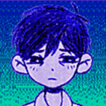 a drawing of a boy with blue hair and a choker on his neck .