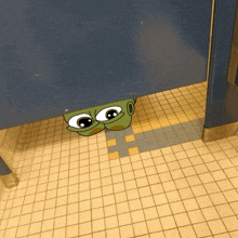 a cartoon of a frog peeking out from behind a bathroom stall