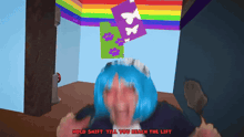 a woman in a maid costume is holding a gun in front of a rainbow wall