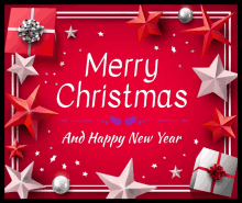 a merry christmas and happy new year greeting card with red and white stars