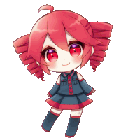 a chibi drawing of a girl with red hair and purple eyes