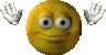 a yellow smiley face with white eyes is waving with two hands behind it .