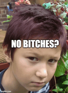 a young boy with purple hair is making a funny face with the caption " no bitches "