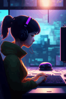 a girl wearing headphones is using a computer