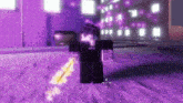 a person holding a sword in a video game with purple lights behind them