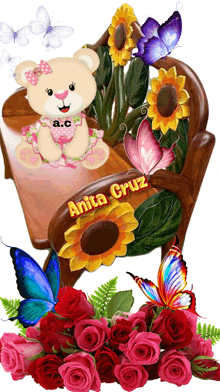 a teddy bear sits on a chair surrounded by flowers and butterflies with the name anita cruz