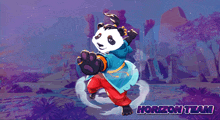 a panda bear in a blue and red outfit with the words horizon team below him