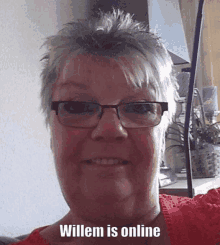 a woman wearing glasses and a red shirt is smiling and says willem is online