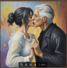 a painting of a man and a woman kissing with a more button below them