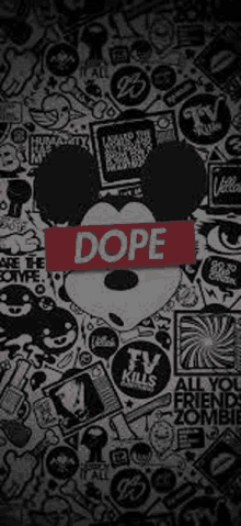 a black and white mickey mouse with a red dope sign on his head .