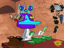 a cartoon of bugs bunny holding a stack of money with a looney tunes logo in the corner