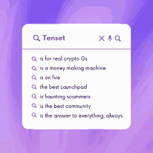 a purple background with a search bar that says ' tenset ' at the top