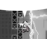 a black and white pixel art of a person standing in front of a wall