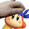 a hand is putting a hat on a cartoon character with a blue bandana .