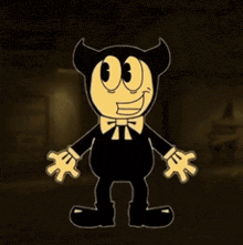 a black and yellow cartoon character with horns and a bow tie