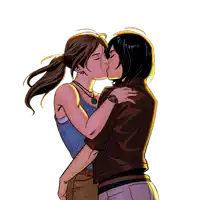 a drawing of two women kissing with the letters a and t on their faces