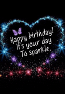 a happy birthday greeting card with a heart made of sparklers and a butterfly .