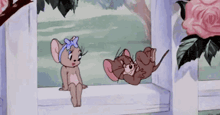 a cartoon of tom and jerry sitting on a window sill talking to each other .
