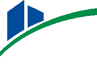 a blue and green logo with a green curve on a white background