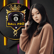 a woman is standing in front of a logo for ball pro