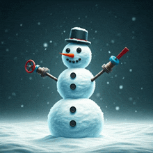 a snowman with a top hat and pipes on his arms is standing in the snow