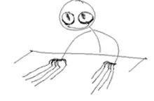 a drawing of a stick figure sitting at a table with his hands on the keyboard .