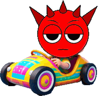 a cartoon character with a red face is driving a colorful toy car